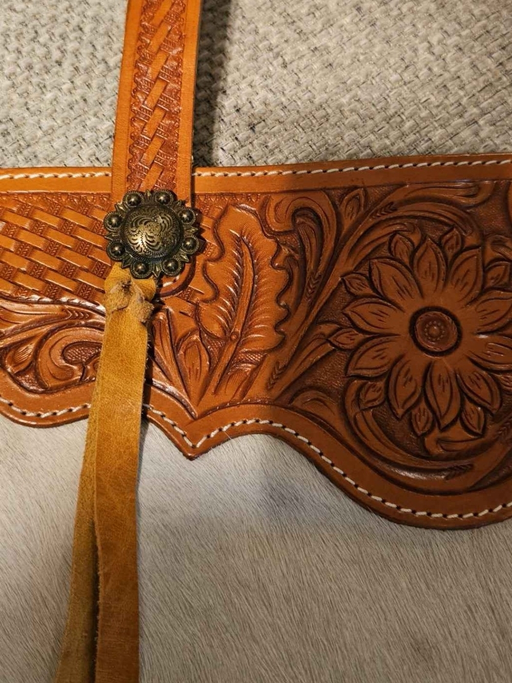 Tan and Cream Western Cowhide Tote Bag with Leather Trim - Picture 5 of 5